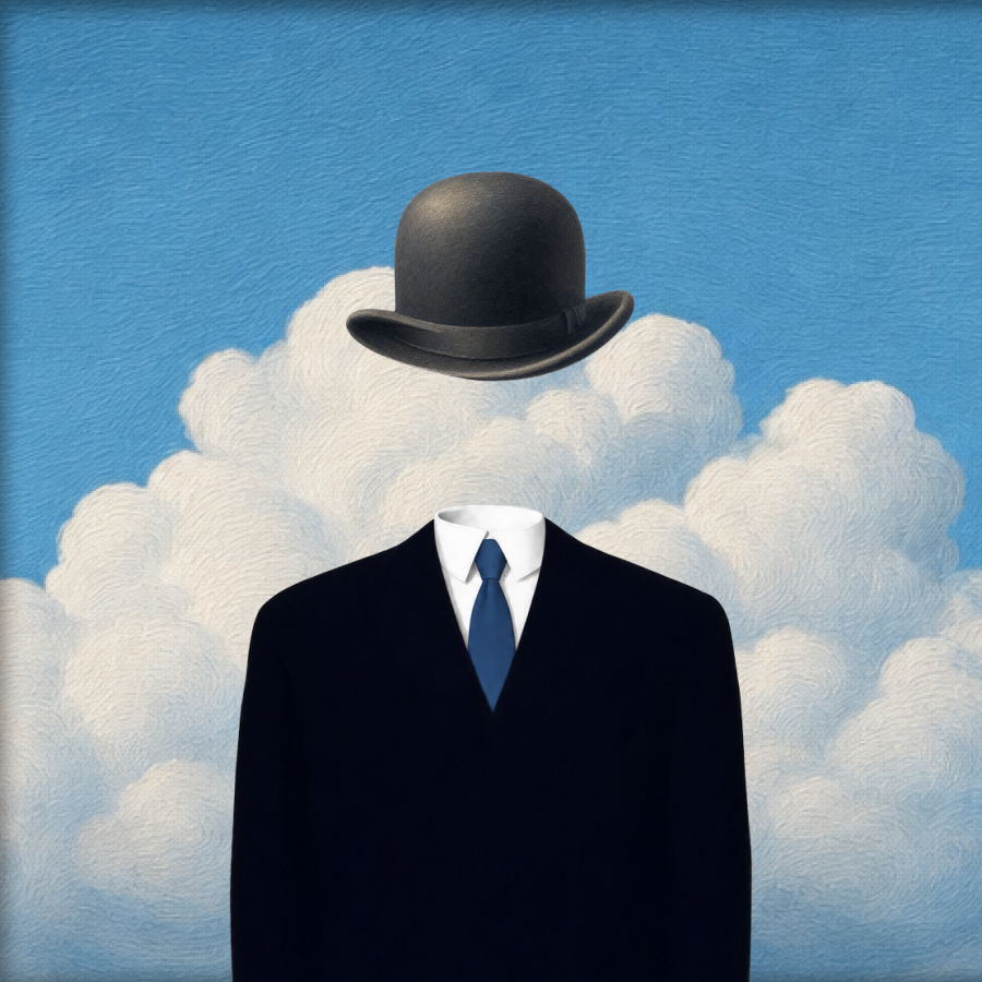 A bowler hat and suit floating above clouds